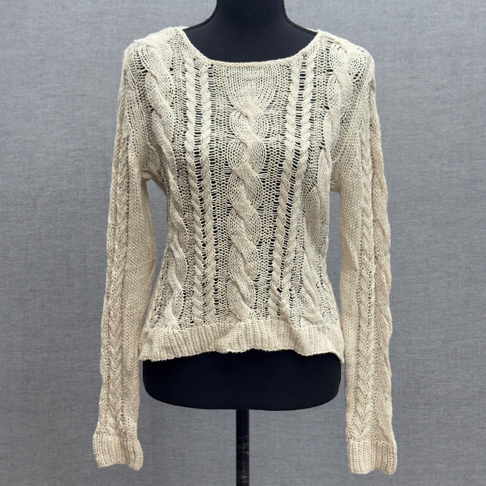 Garnet Hill Linen Blend Cable Knit Scoop‎ Neck Sweater Cream Size Small